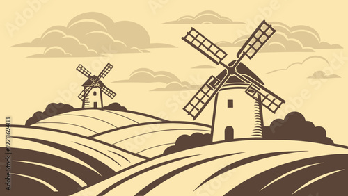 Minimal Windmill Landscape Vector