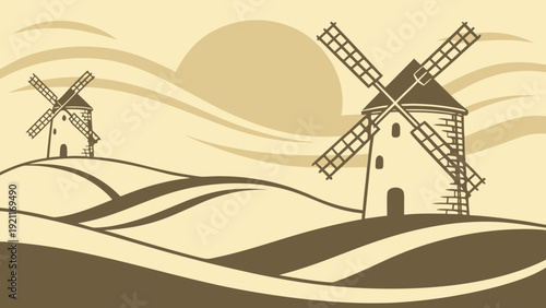 Minimal Windmill Landscape Vector