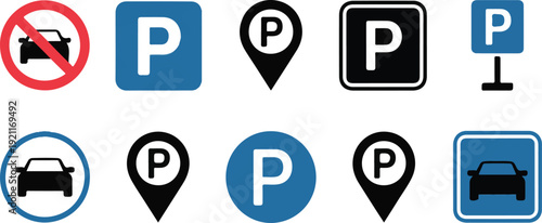 Parking icons set, car park signs, no parking symbol, traffic rules, urban symbols, no entry for cars