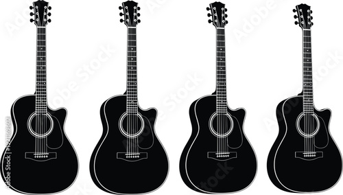 Black acoustic guitar silhouette set isolated on white background for music festival concert poster live performance branding musical instrument shop and studio