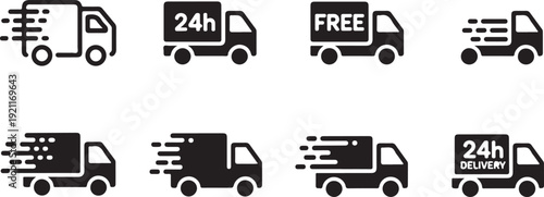 Set of black delivery truck icons illustrating fast shipping services with speed lines and labels