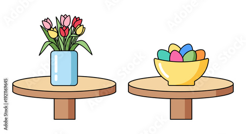 Decorative table displays with flowers and colorful eggs in bowls.