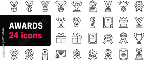 Collection of thin line icons representing awards trophies medals certificates and gift boxes for recognition