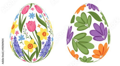 Easter eggs adorned with vibrant floral and leaf patterns in contrasting designs