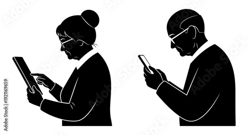 Two individuals engrossed in reading digital devices in contrasting environments.