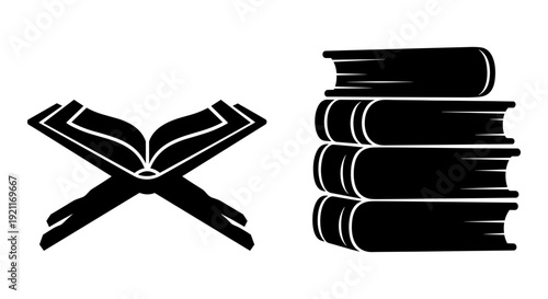 Contrast between an open quran and a stack of books representing traditional and religious knowledge