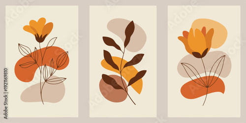 Abstract minimalist floral art prints with organic shapes and muted earth tones, perfect for modern interior decoration