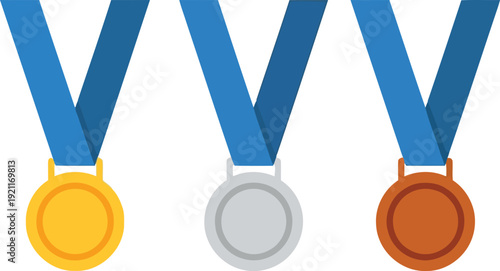 Set of three sports medals in gold silver and bronze with blue ribbons on white background