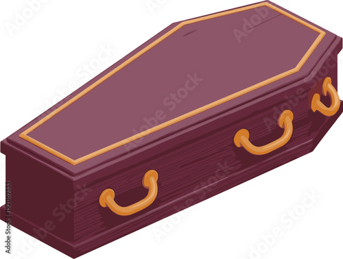 Isometric wooden coffin illustration with classic handles isolated on white background for funeral memorial horror Halloween and dark themed design projects