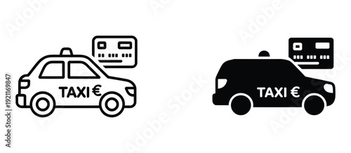 Taxi car payment icon set with credit card and euro symbol, vector illustration for ride-hailing, taxi booking apps, cashless payment