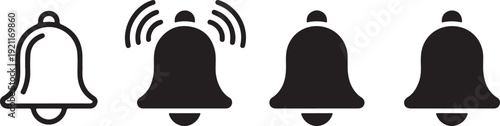Four bell icons, one outline, three filled, one with ringing sound waves, representing alerts and notifications