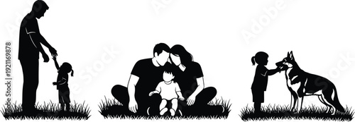 Happy family silhouette vector illustration with parents and child sitting on grass, father holding toddler hand, and girl playing with pet dog,