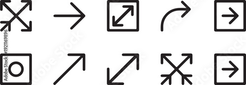Collection of ten arrow icons, showing direction, movement, expansion, and navigation on transparent background