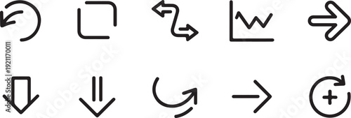 Set of directional and functional icons with arrows graph and plus symbol on transparent background.