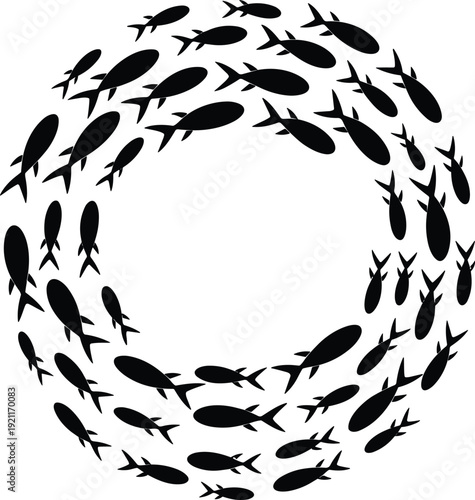Circular school of fish silhouettes collection, marine underwater animals swimming in round formation isolated on white background illustration set