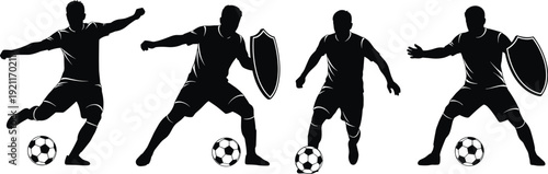 Male soccer player silhouettes set with men playing football athletes kicking ball dribbling and defending isolated on white background vector