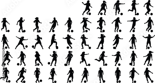 Female soccer player silhouettes set with women playing football athletes kicking ball running and jumping isolated on white background vector