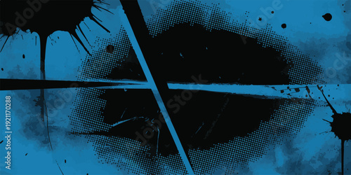 Blue abstract background with black ink splatters, grunge textures and halftone dots, dynamic distressed graphic art for edgy styles