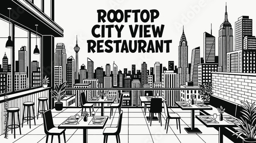 rooftop restaurant interior dining table chair menu kitchen food hospitality service skyline atmosphere urban design vector illustration