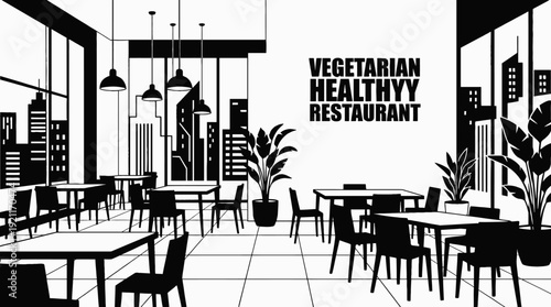 vegetarian restaurant interior dining table chair menu kitchen food hospitality service modern atmosphere design vector illustration