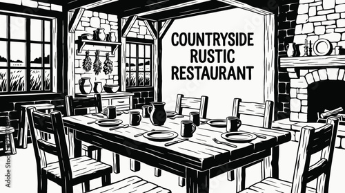 countryside restaurant interior dining table chair menu kitchen food hospitality service rustic atmosphere design vector illustration