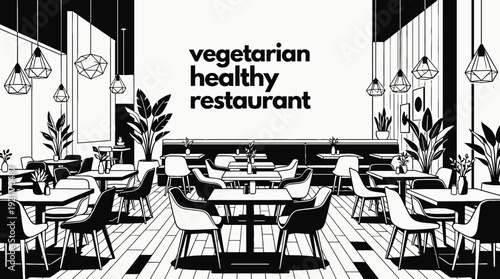 vegetarian restaurant interior dining table chair menu kitchen food hospitality service modern atmosphere design vector illustration