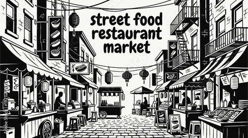 street food restaurant interior dining table chair menu kitchen hospitality service urban market atmosphere design vector illustration