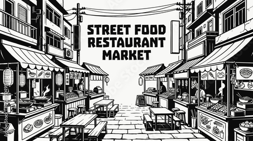 street food restaurant interior dining table chair menu kitchen hospitality service urban market atmosphere design vector illustration