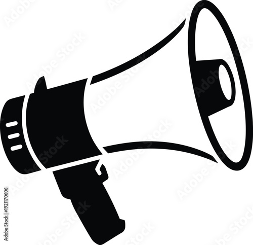 Angled black and white megaphone silhouette icon for loud communication, marketing announcements, public speaking, news alerts, broadcasting, and advertising promotions.