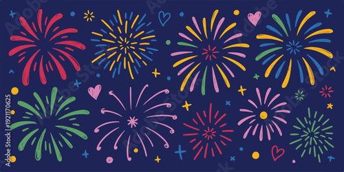 Colorful fireworks celebration background bright explosions on dark blue sky abstract festive graphic element decorative illustration