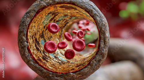 Close-up view of blood cells traveling through a human artery with plaque buildup, highlighting the intricacies of the circulatory system and its challenges