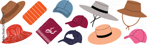 Collection of various hats and headwear, flat illustration on transparent background, fashion accessories