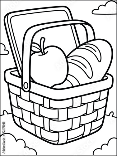 Picnic Basket with Apple and Bread Coloring Page
