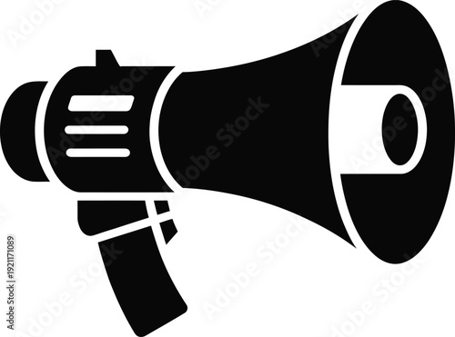 Black megaphone icon vector, loudspeaker for marketing and announcement symbol, isolated bullhorn illustration, digital promotion sign, public speaking audio equipment.
