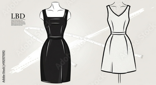 Little black dress and white a line dress designs on mannequins for fashion illustration