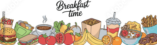 Breakfast time banner with assorted food items and drinks like burger sandwich coffee donut and french fries healthy and unhealthy choices