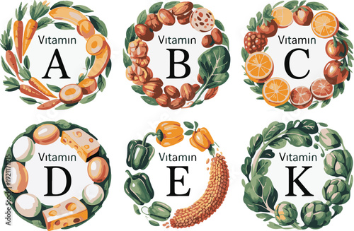 Six vitamin labels with healthy foods and their letter on white background health nutrition organic food and supplements concept