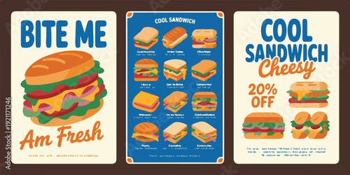 Cool sandwich advertisements with various types of sandwiches and promotional text bite me am fresh 20 percent off cheesy options