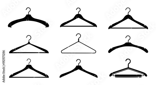 Black Grunge Hanger Vector Icons Distressed Wardrobe Fashion Clothing Illustration Set