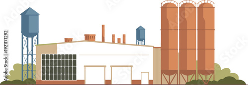 Industrial complex with silos water towers and solar panels illustration, factory manufacturing and energy production concept