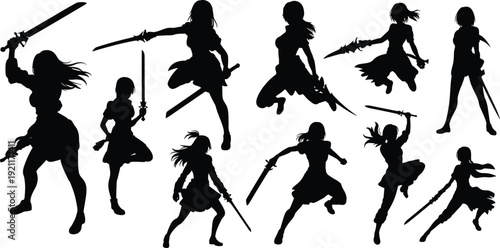 Female warrior silhouettes collection, fantasy anime girl fighters with swords in dynamic combat action poses isolated black vector