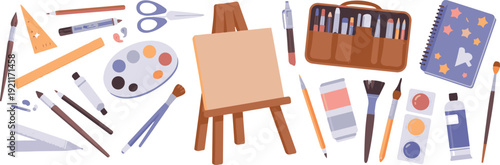 Artistic supplies laid out, including easel, paints, brushes, pencils, and notebook for creative work