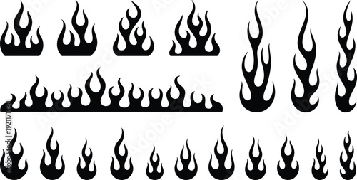 Fire flame silhouettes collection, black blazing fire icons set isolated on white background, burning symbol illustration for design elements