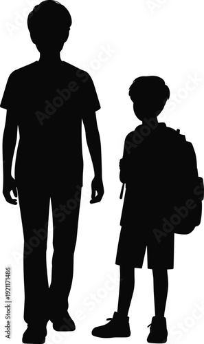 Father and daughter silhouettes standing together, parent and school child with backpack isolated on white background, family and education concept illustration