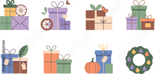 Stack of colorful gift boxes with ribbons and bows, festive holiday presents isolated on transparent