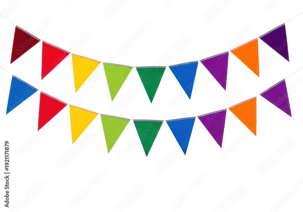 Obraz premium Two perfectly taut rows of vibrant textile triangular bunting flags isolated on a transparent high-key studio background with copy space, universal festive decoration concept