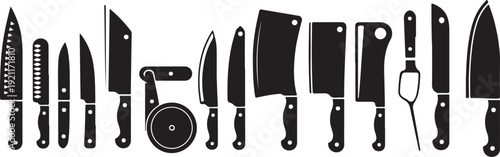 Collection of various kitchen knives and utensils silhouettes on checkered background top view