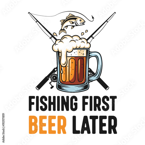A humorous illustration of a beer mug with fishing rods and a fish tshirt design