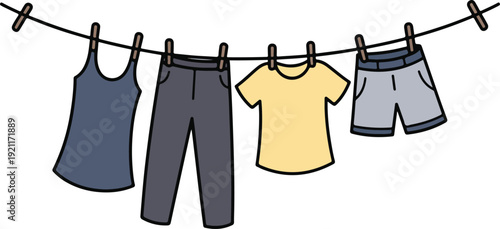 Clothes drying on clothesline with clothespins, tank top, pants, t-shirt, shorts, vector illustration