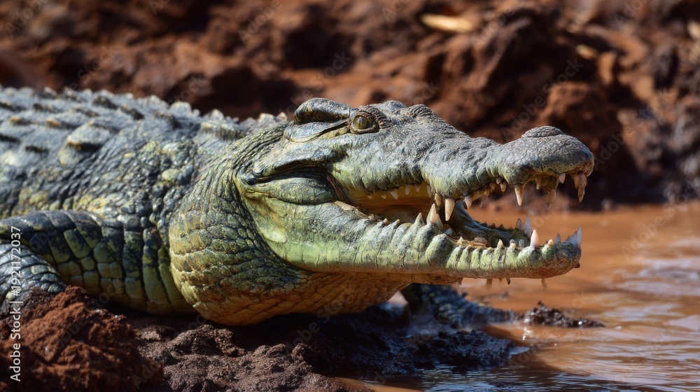 Fototapeta premium Close-up profile of a fierce crocodile with sharp teeth and scaly green skin basking in muddy water.